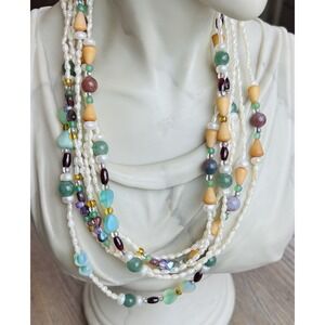 Multi Strand Vintage Necklace Jade Amethyst Pearls Glass Beads Gemstones Artisan